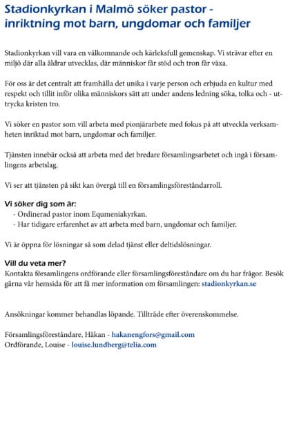 Stadionkyrkan i Malmö söker pastor – inriktning mot barn, ungdomar och familjer